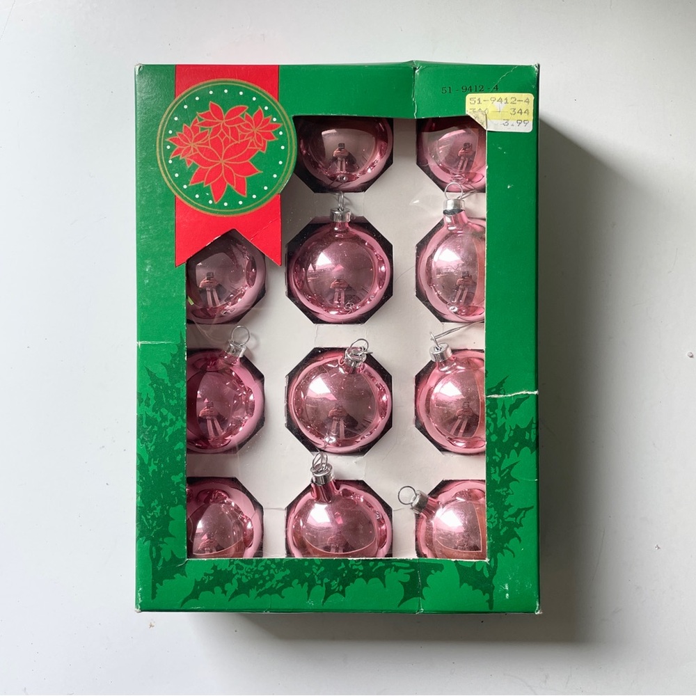 Vintage Pink Glass Christmas Ornaments Boxed Set 12 Shiny Metallic Ball Baubles